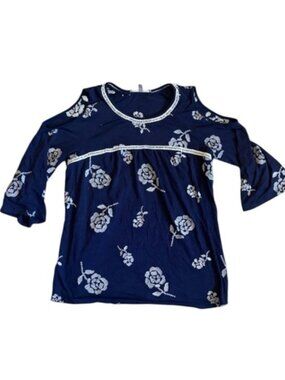 Daniel Rainn Navy Blue  with Cream Embroidery Cold-Shoulder Floral Top